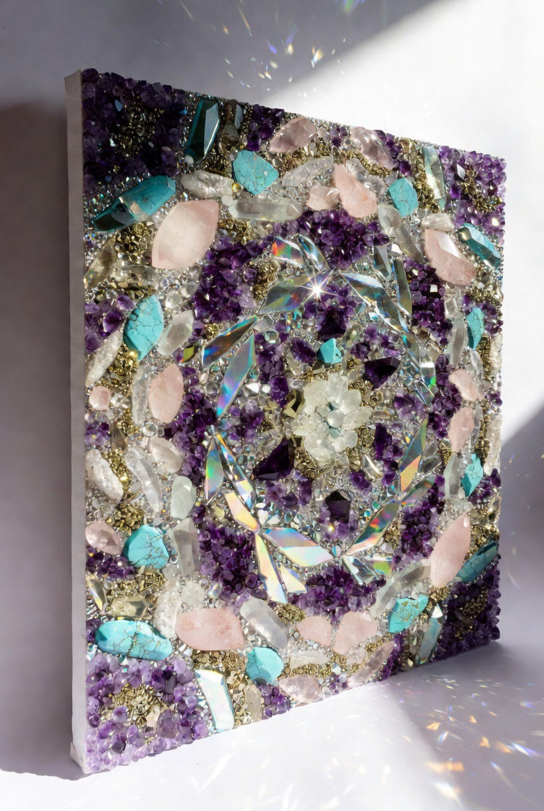 Crystal Energy Artwork – Amethyst, Rose Quartz & Turquoise Statement Piece (30 x 30cm)