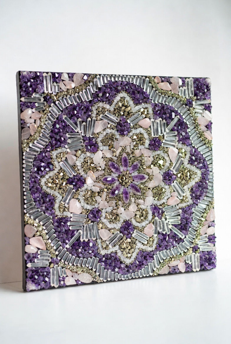 Crystal Mandala Wall Art – Amethyst & Rose Quartz (30 x 30cm)
