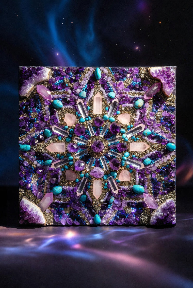 Cosmic Crystal Mandala Wall Art – Amethyst, Rose Quartz & Turquoise (60 x 60cm)