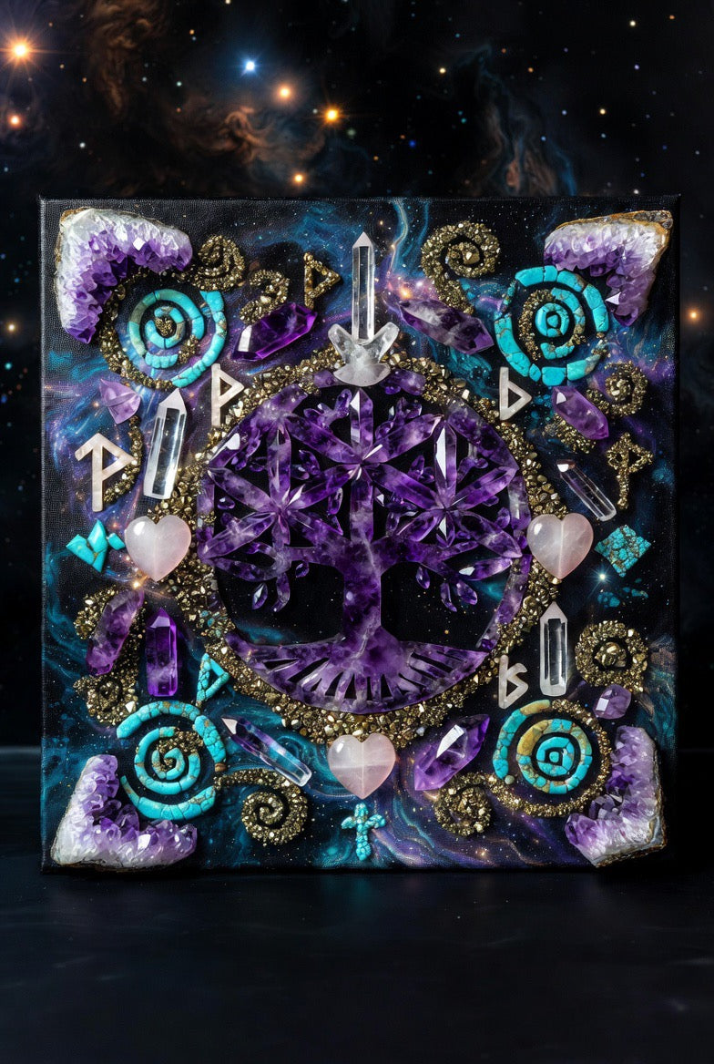 Cosmic Tree of Life Crystal Wall Art – Amethyst, Quartz & Turquoise Statement Piece (60 x 60cm)