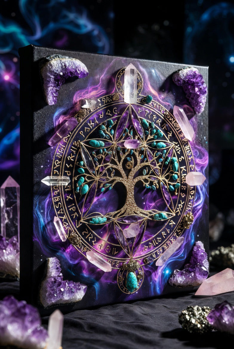 Tree of Life Crystal Wall Art – Amethyst, Rose Quartz & Turquoise Energy Piece (60 x 60cm)