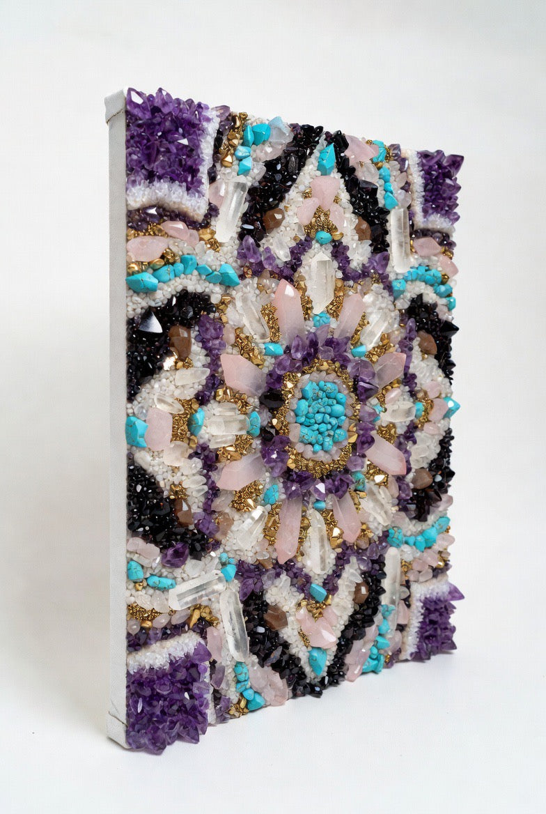 Luxury Crystal Mandala Wall Art – Amethyst, Rose Quartz & Turquoise Statement Piece (30 x 30cm)