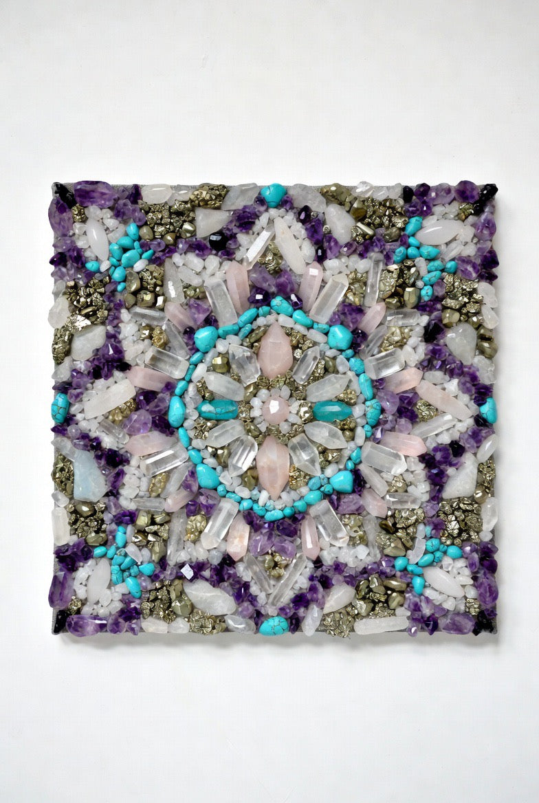 Crystal Mandala Artwork – Amethyst, Rose Quartz & Turquoise (60 x 60cm)